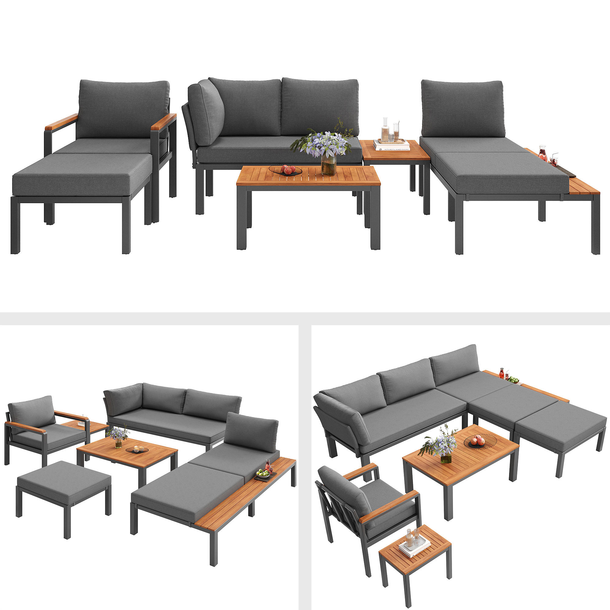GARTENLOUNGE Grau modular Metallrahmen Kissen Tisch Set - Grau, Holz - FLIEKS