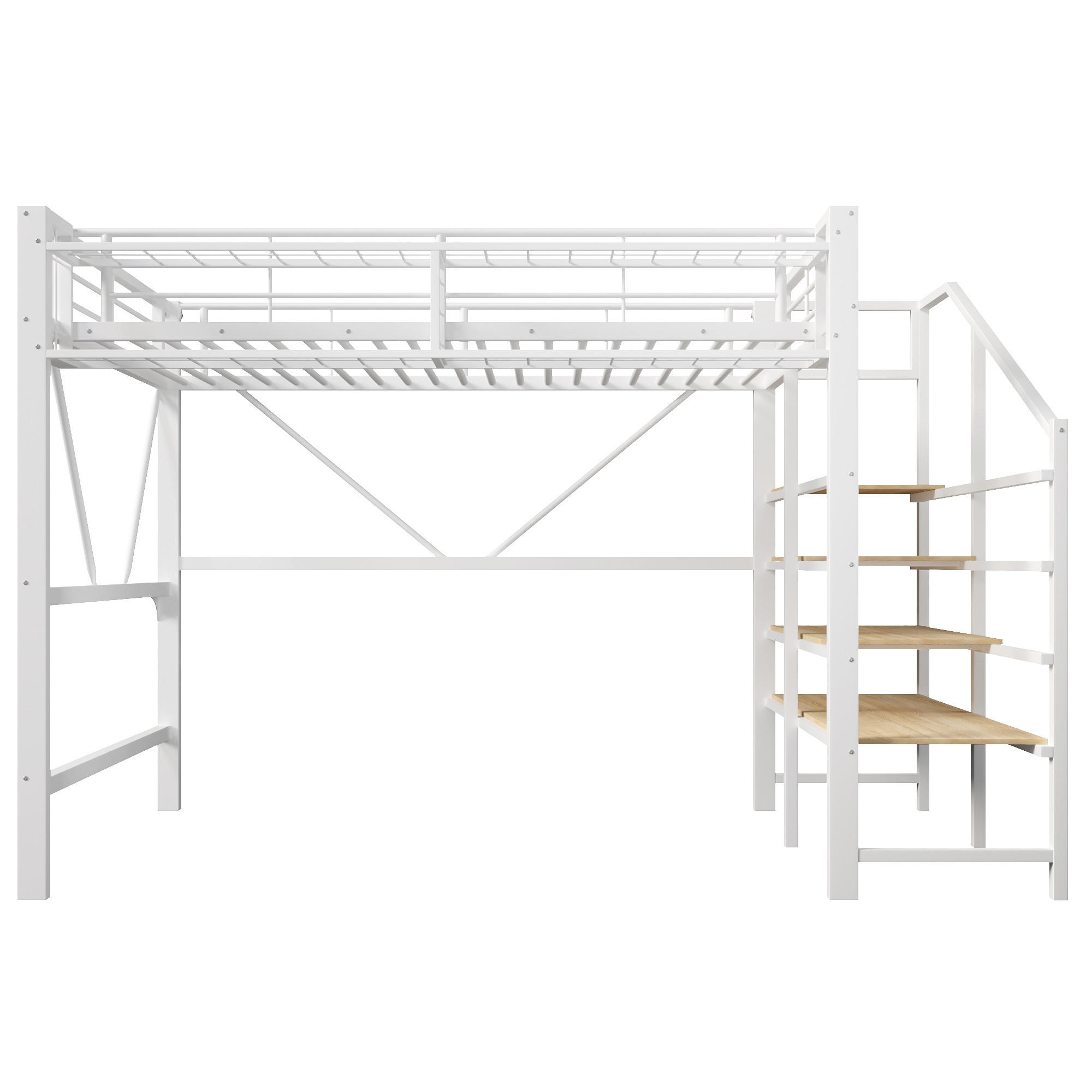 HOCHBETT 140/200 cm mit Metallgestell Weiß, Stufenregal, Aufbewahrungskorb und LED-Licht - Weiß, Metall