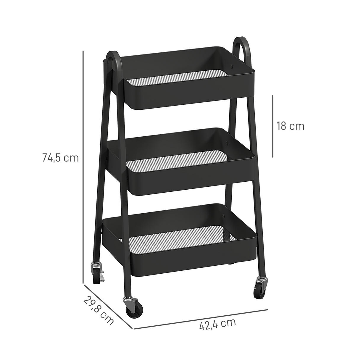 SERVIERWAGEN mit 3 Ebenen Küchenwagen mit Rollen Griff Rollwagen, Schwarz - Schwarz, Metall (42.4/74.5/29.8cm) - HOMCOM