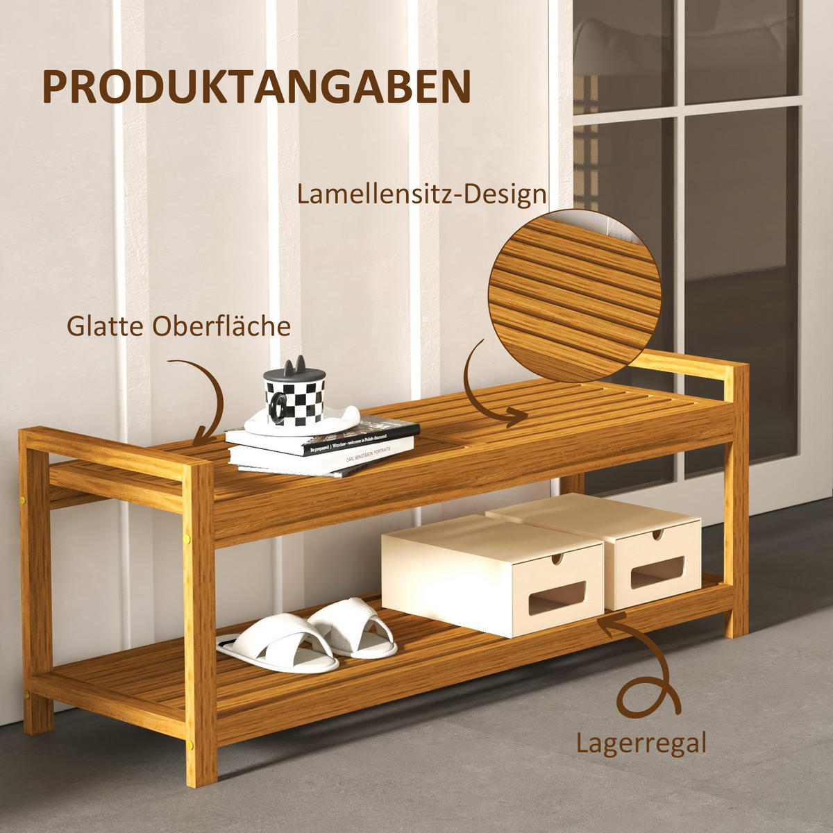SCHUHBANK mit Armlehnen, Holzbank mit Schuhablage, für 2 Personen, Holz, Teak - Teakfarben, Holz (40.5/46/118cm) - Outsunny
