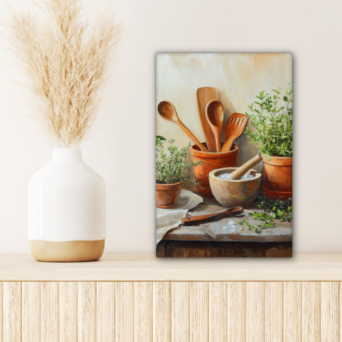 LEINWANDBILD Töpfe - Kräuter - Holz 20x30 cm - Terracotta, Textil (20/30cm) - MuchoWow