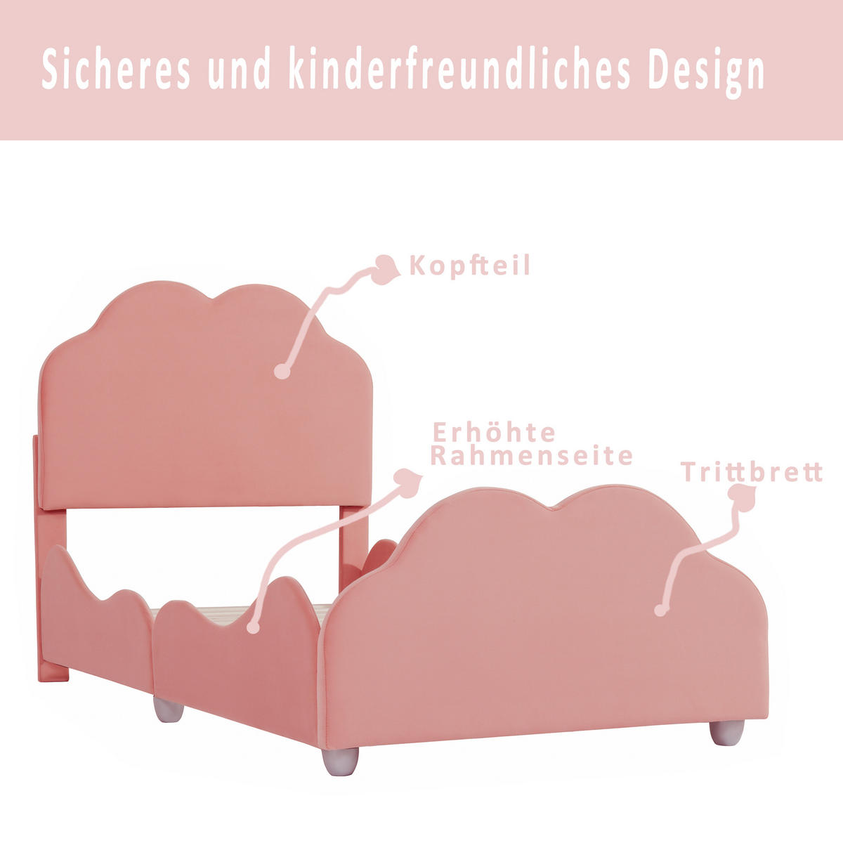 KINDERBETT 90x200 cm Wolke Samt rosa - Rosa, Textil (90/200cm) - LEBENLANG