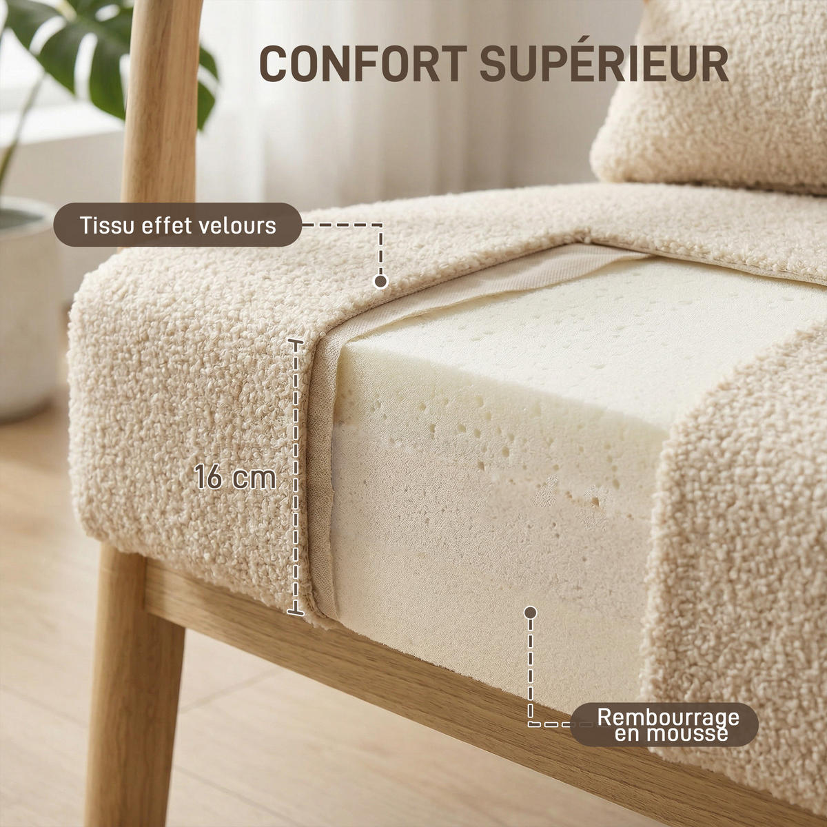 ARMLEHNSTUHL DE-13332 3 Kissen & tiefe Sitzfläche Beige - Beige, Holz (78/76/61cm) - ComfortXL
