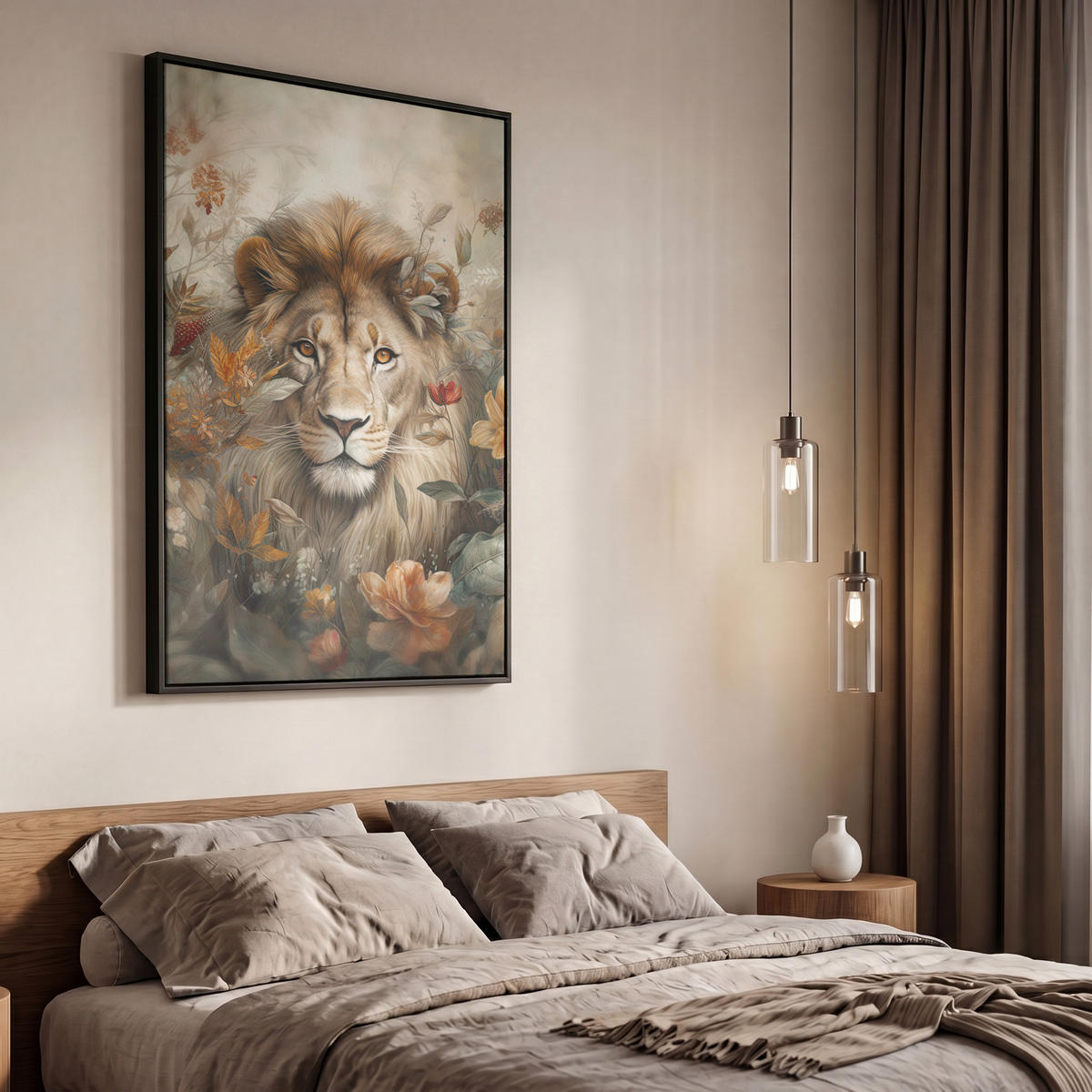 LEINWAND Bilder mit Rahmen - Löwe - Wildtiere - Pflanzen - Natur - Blumen - 60x90 - Beige, Textil (60/90cm) - MuchoWow
