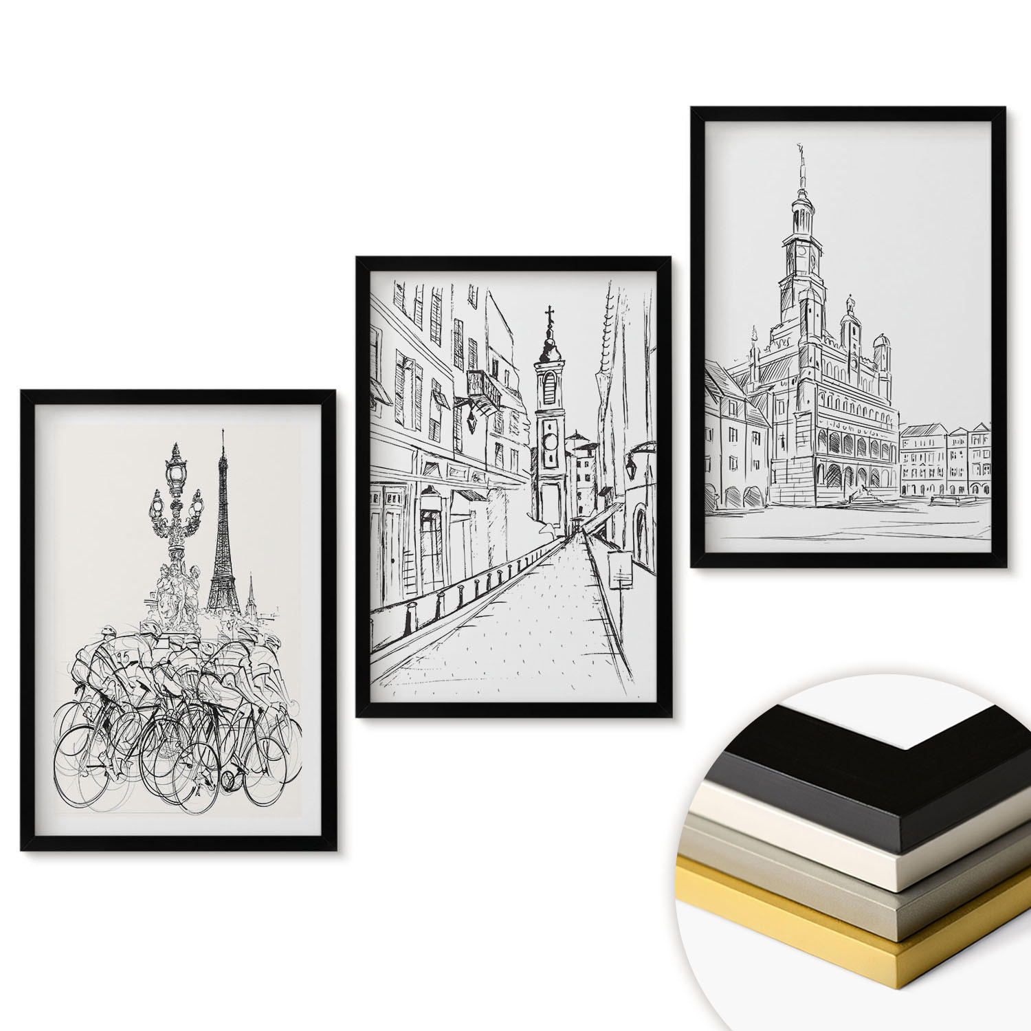 WANDBILDER 3er-Set - 40x60 cm Schwarzer Rahmen - Einfache Zeichnungen von Stadtlandschaften - Schwarz, Kunststoff (40/60cm) - ArtPrintCave