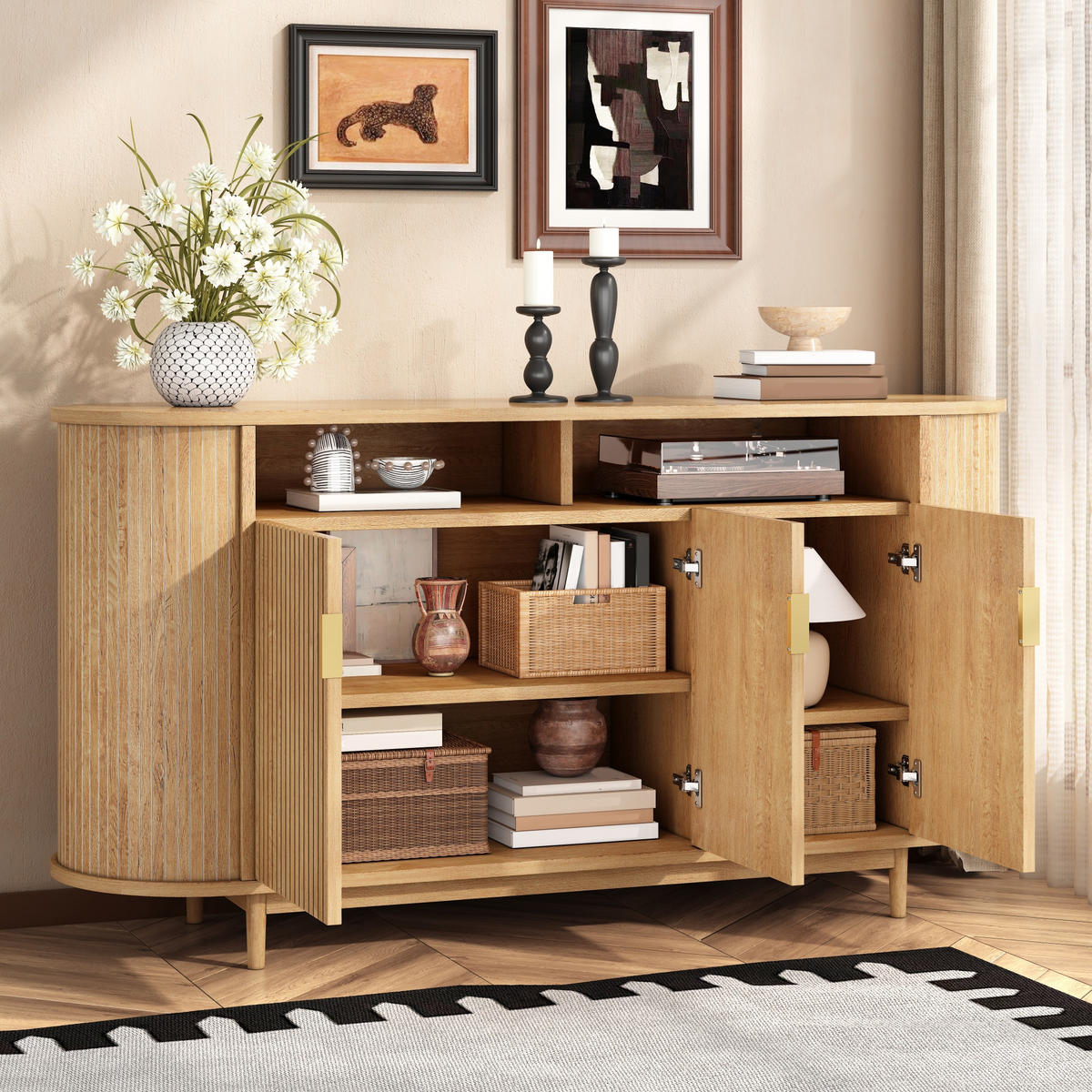 SIDEBOARD 3 Türen mit Holzoptik und Rillenfront - Naturfarben, Holzwerkstoff (140/78/40cm) - FLIEKS