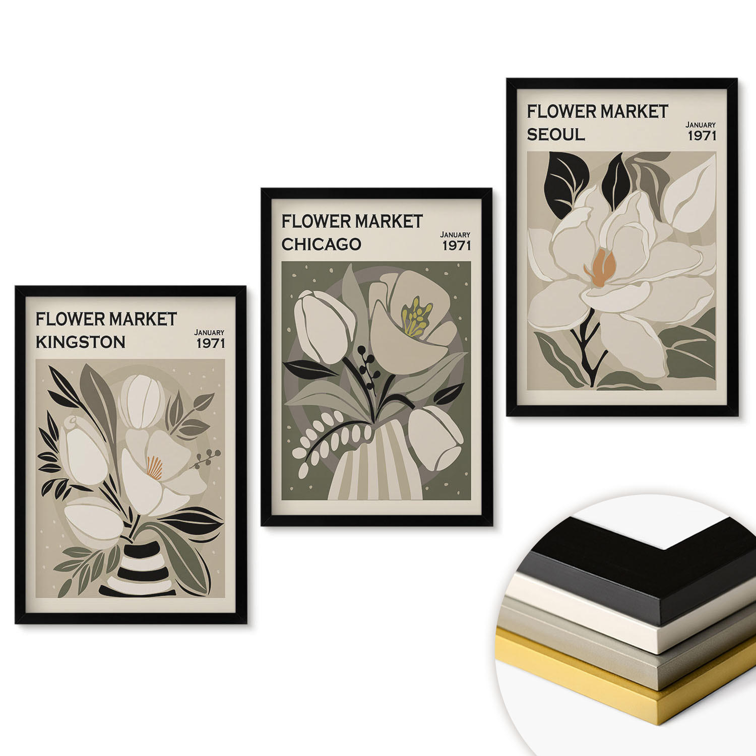 WANDBILDER 3er-Set - 40x60 cm Schwarzer Rahmen - Blumen Kingston Seoul Chicago Retro - Schwarz, Kunststoff (40/60cm) - ArtPrintCave