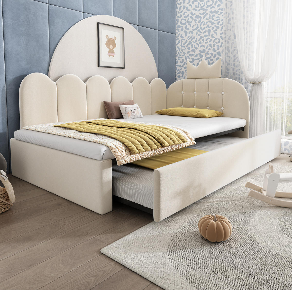 KINDERBETT Kindereinzelbetten 90/200 cm mit Ausziehbett 90/190 cm, L-Form, Samtbezug und Kronen-Gitterdesign, Beige - Beige, Textil (90/200cm) - Redom