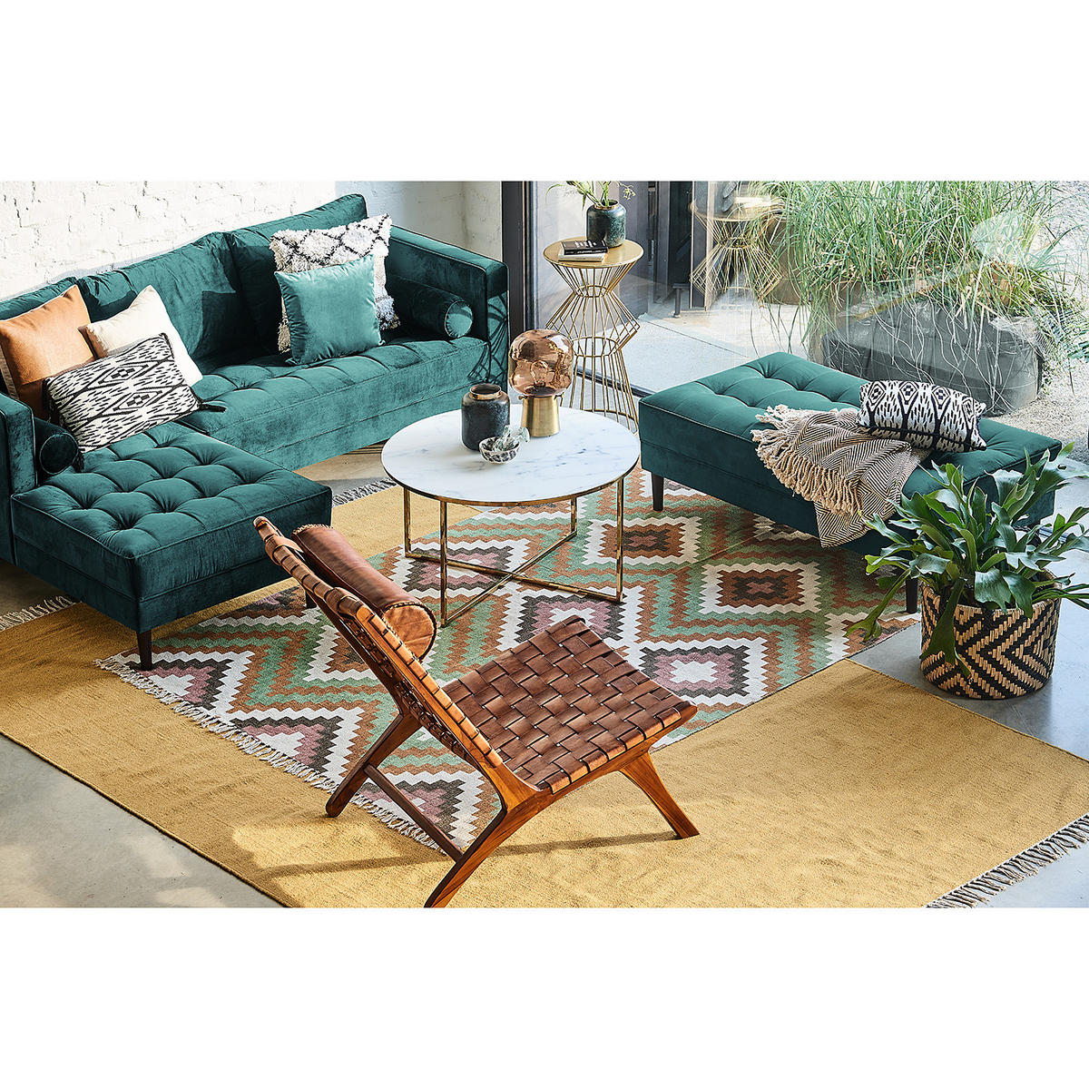 ECKSOFA - Samt - Dunkelbraun/Petrol, Birkenholz/Textil (201/155cm) - home24