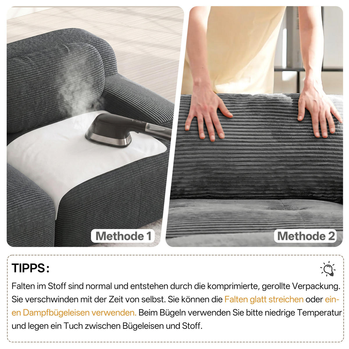 SOFA 208/103/70 cm in Grau aus Cord mit modularer Form und rutschfester Unterseite - Grau, Textil (103/70/208cm) - Flora Grace