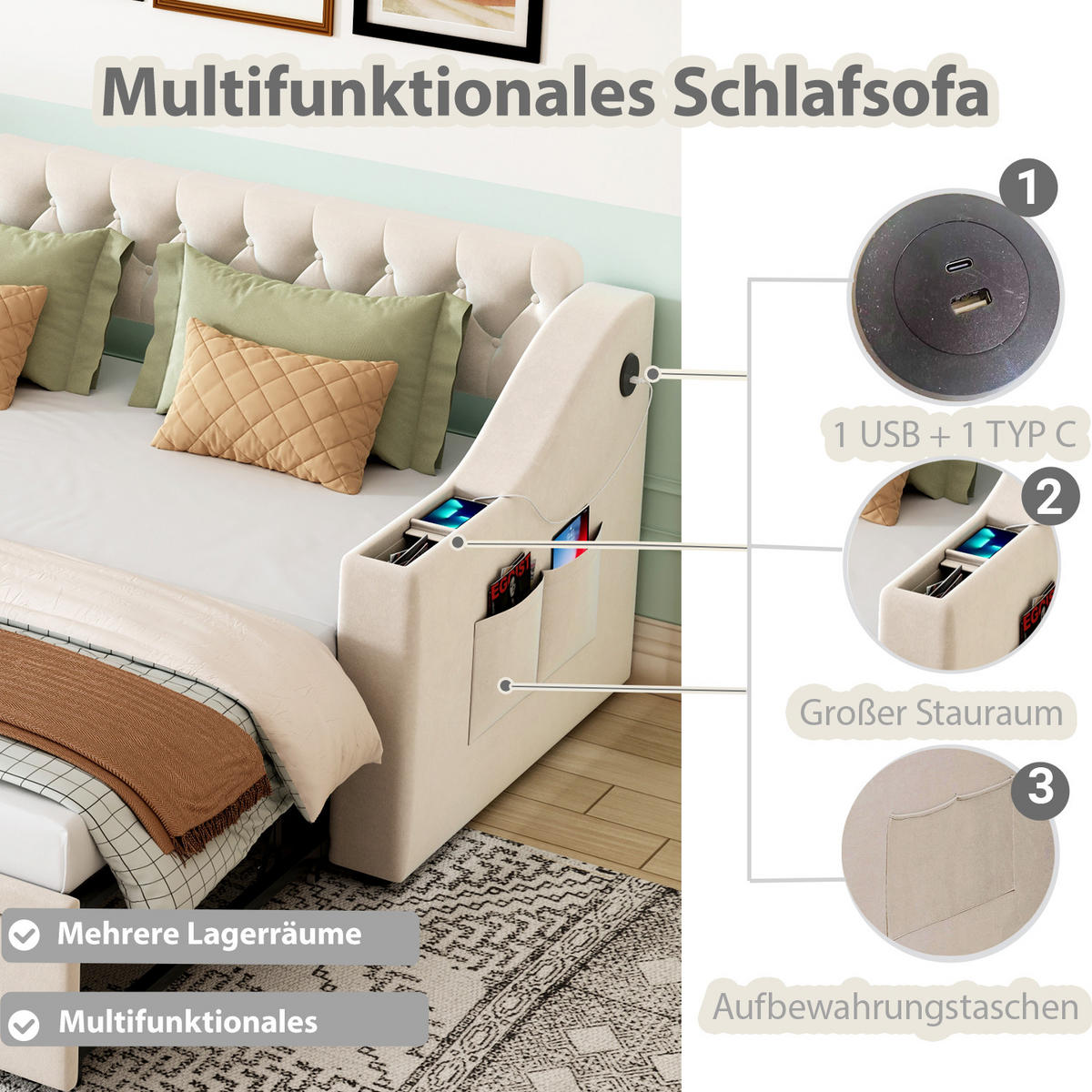 SCHLAFSOFA 90/190 cm & 180/190 cm in Beige Samt mit USB, Type-C und Ablagefächern - Beige, Holzwerkstoff/Textil (90/190cm) - WISHDOR