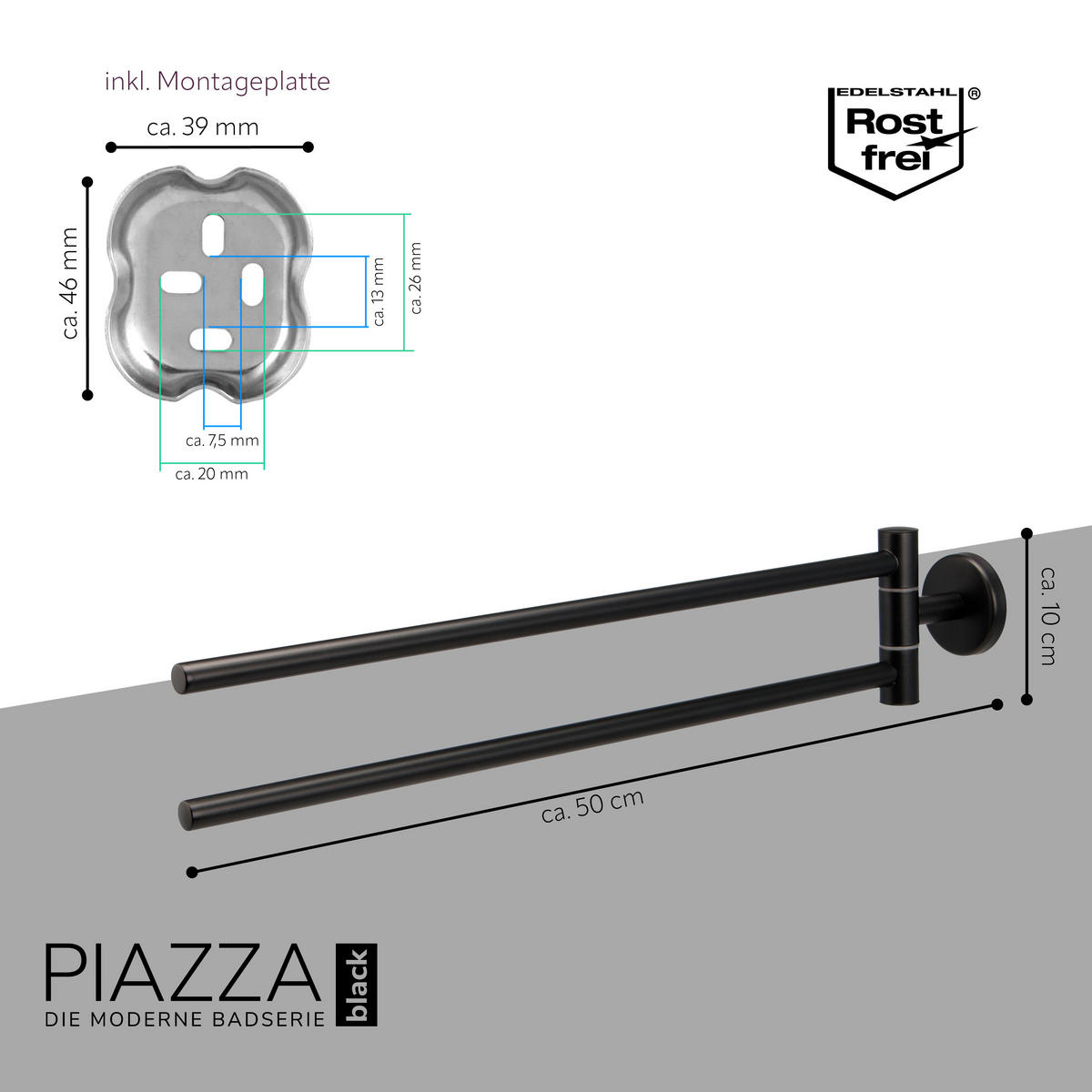 HANDTUCHSTANGE PIAZZA BLACK, schwarz, Edelstahl - Schwarz, Kunststoff (5.8/10/50cm) - bremermann
