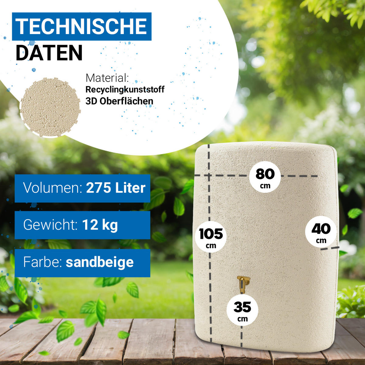 WANDTANK 275 L, sandbeige - Beige, Kunststoff (40/105/80cm) - 4rain