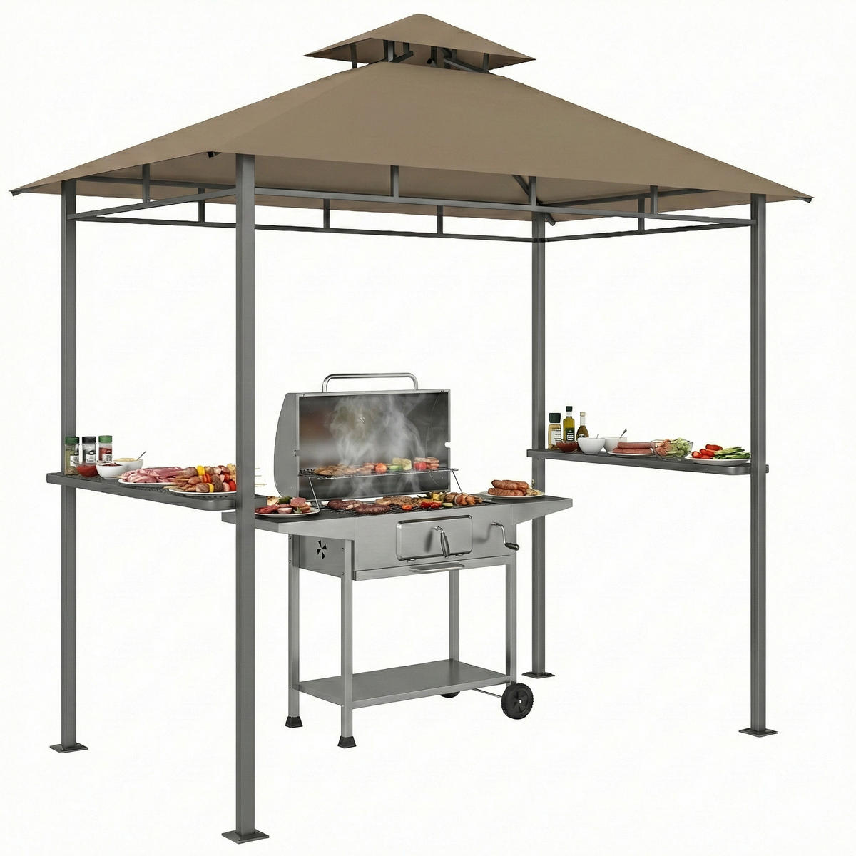 GRILLPAVILLON DE-12741 245/146/255 cm Doppeldach, 2 Seitenregale Braun - Braun, Metall (146/255/245cm) - ComfortXL