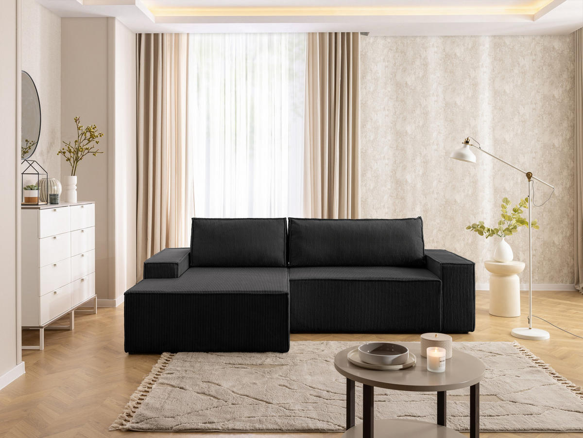 ECKSOFA Rivio mit Schlaffunktion und Bettkasten, Cordstoff Schwarz - Schwarz, Holz/Kunststoff (149/262cm) - S-Style