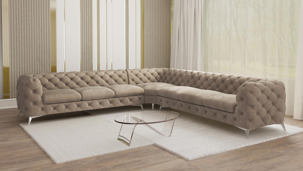ECKSOFA Chesterfield Laura Dunkle Creme Samt - Silberfarben/Creme, Holz/Textil (323/323cm) - S-Style Möbel
