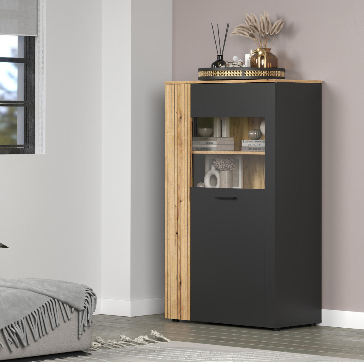 HIGHBOARD grau, Evoke Eiche 90 x 146 cm, Vitrine 2-türig - Eichefarben/Anthrazit, Holzwerkstoff/Kunststoff (90/146/42cm) - Top.Furn