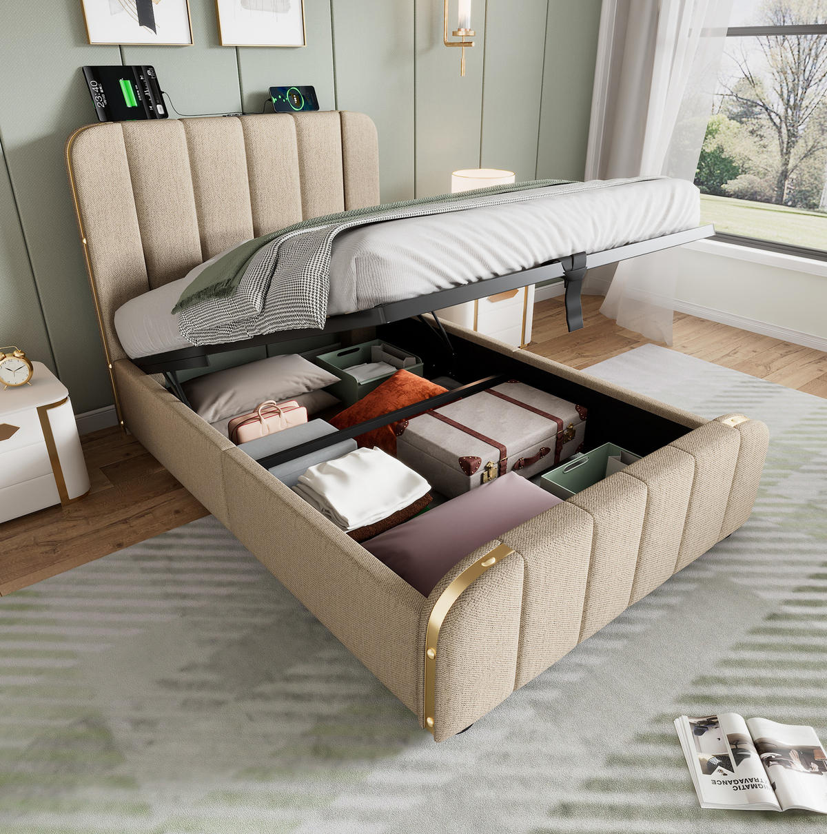 BETT mit Stauraum und USB/Typ-C 90x200 cm Leinen Beige - Beige, Metall (90/200cm) - Meubliv