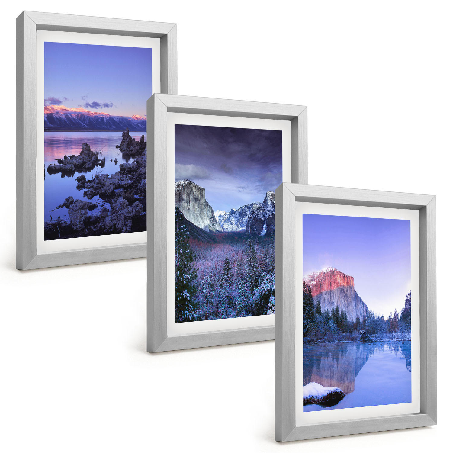 BILDER SET 3er Set - 20x30 cm Silberner Rahmen - Berglandschaften, Sonnenuntergang, Wasser - Silberfarben, Kunststoff (20/30cm) - TULUP