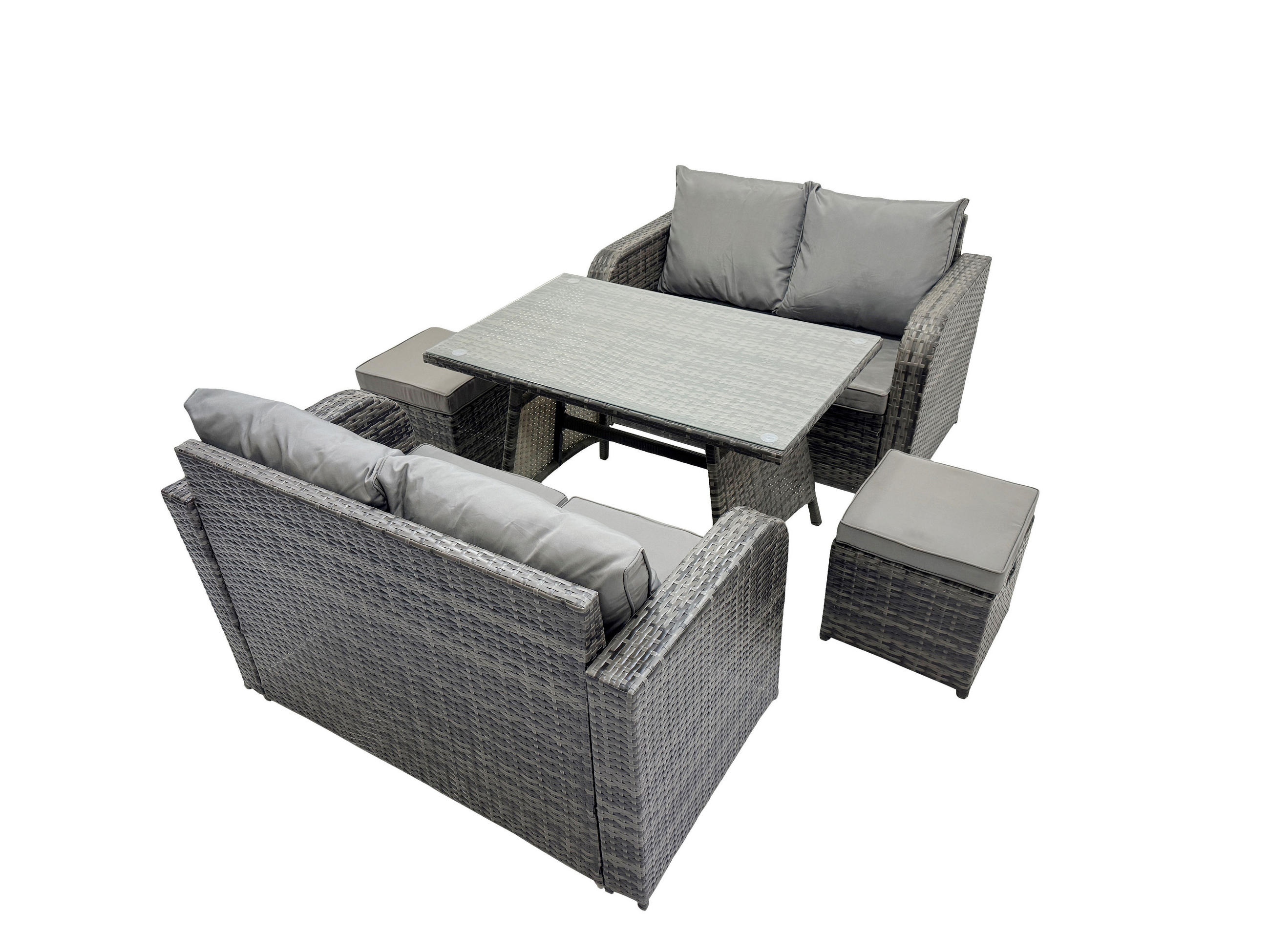 LOUNGESOFA SET mit 2 Hocker Polyrattan 6-Sitzer - Dunkelgrau/Grau, Glas/Kunststoff - Fimous