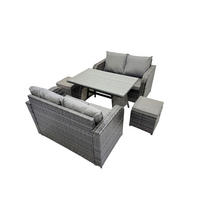 BALKONSET mit ESSTISCH SOFA Polyrattan Dunkelgrau 6-Sitzer - Dunkelgrau/Grau, Glas/Kunststoff - Fimous