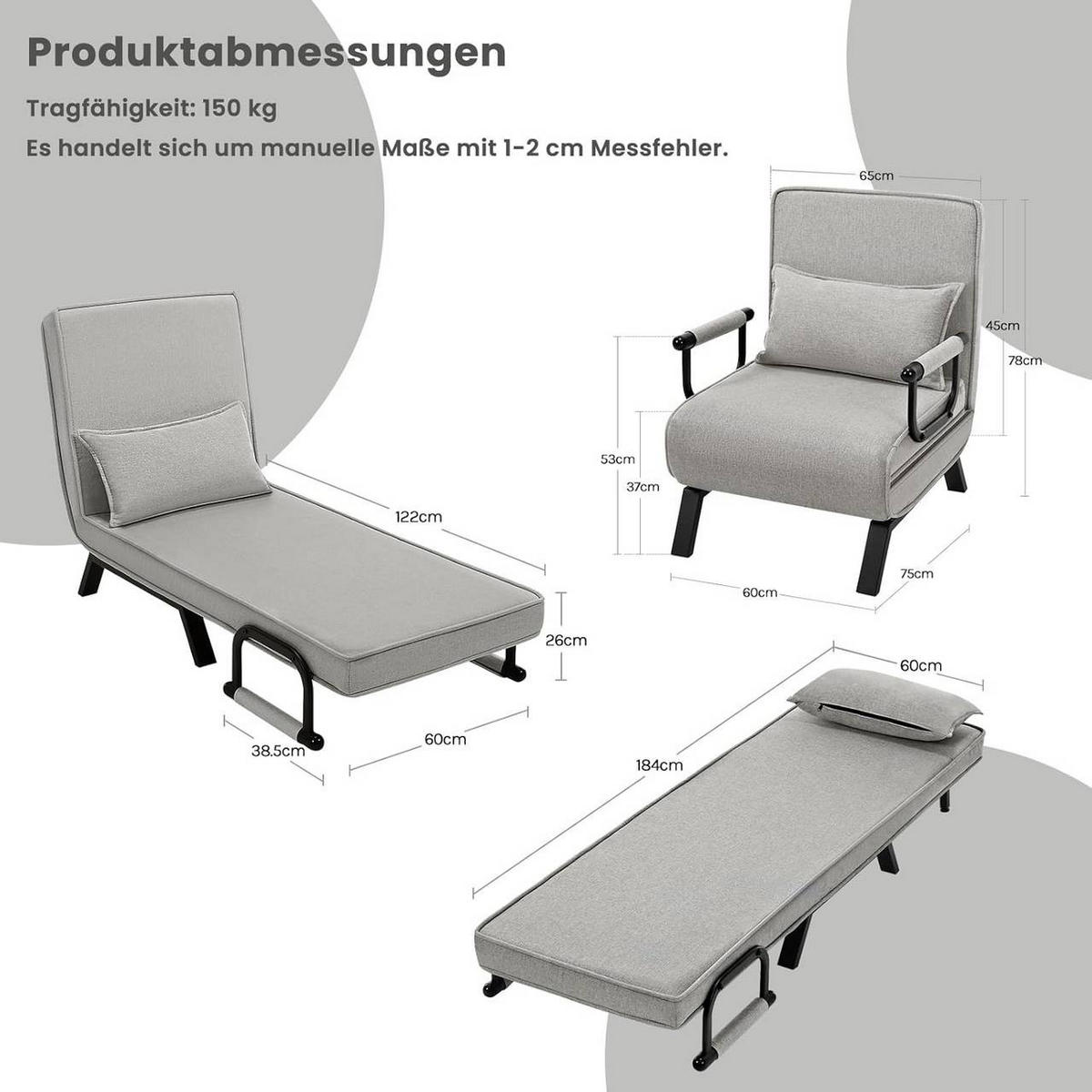 SCHLAFSESSEL 3 in 1, mit Verstellbarer Rückenlehne, Leinen Hellgrau - Hellgrau/Schwarz, Textil/Metall (65/78/75cm) - Woltu