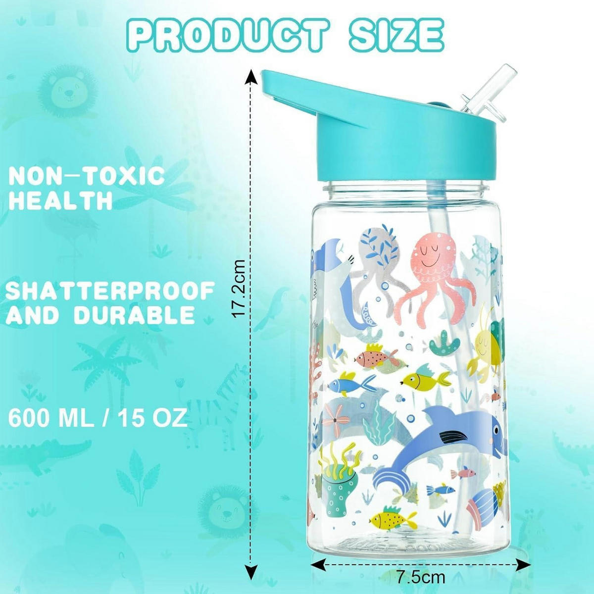 TRINKFLASCHE Kinder mit Strohhalm 450 ml Blau Hai - Multicolor, Kunststoff (7.5/7.5cm)