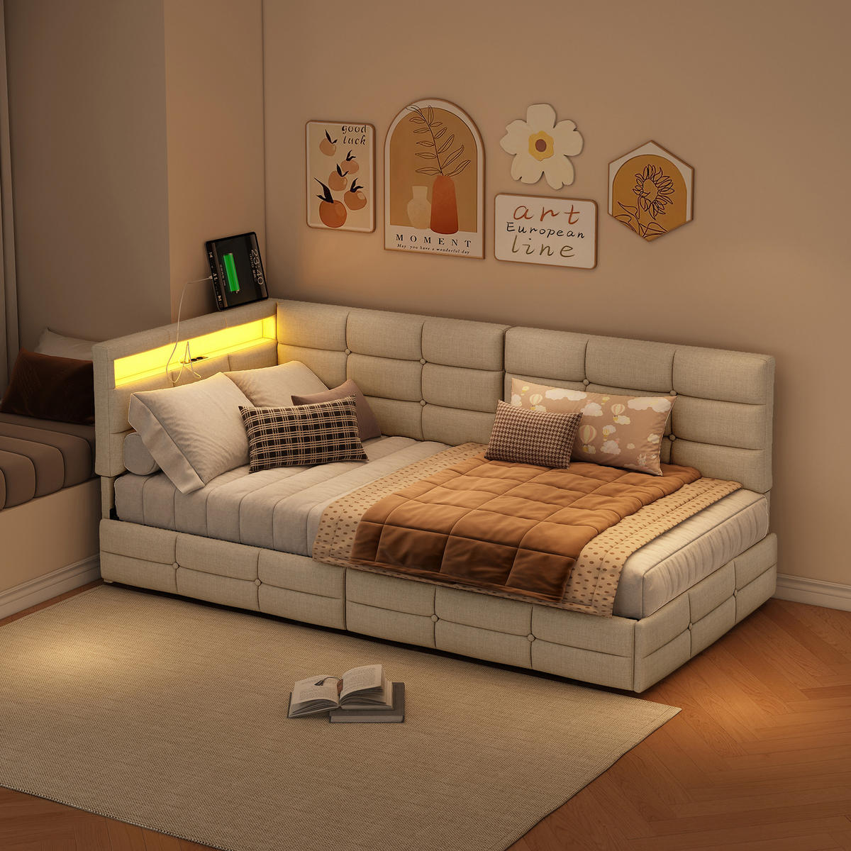 BETT 90x200 cm mit L-förmigem Kopfteil, 2 Schubladen, USB-Ladeanschluss, LED-Licht, Leinenstoff, Beige - Beige, Holz (90/200cm) - BRILVERDE