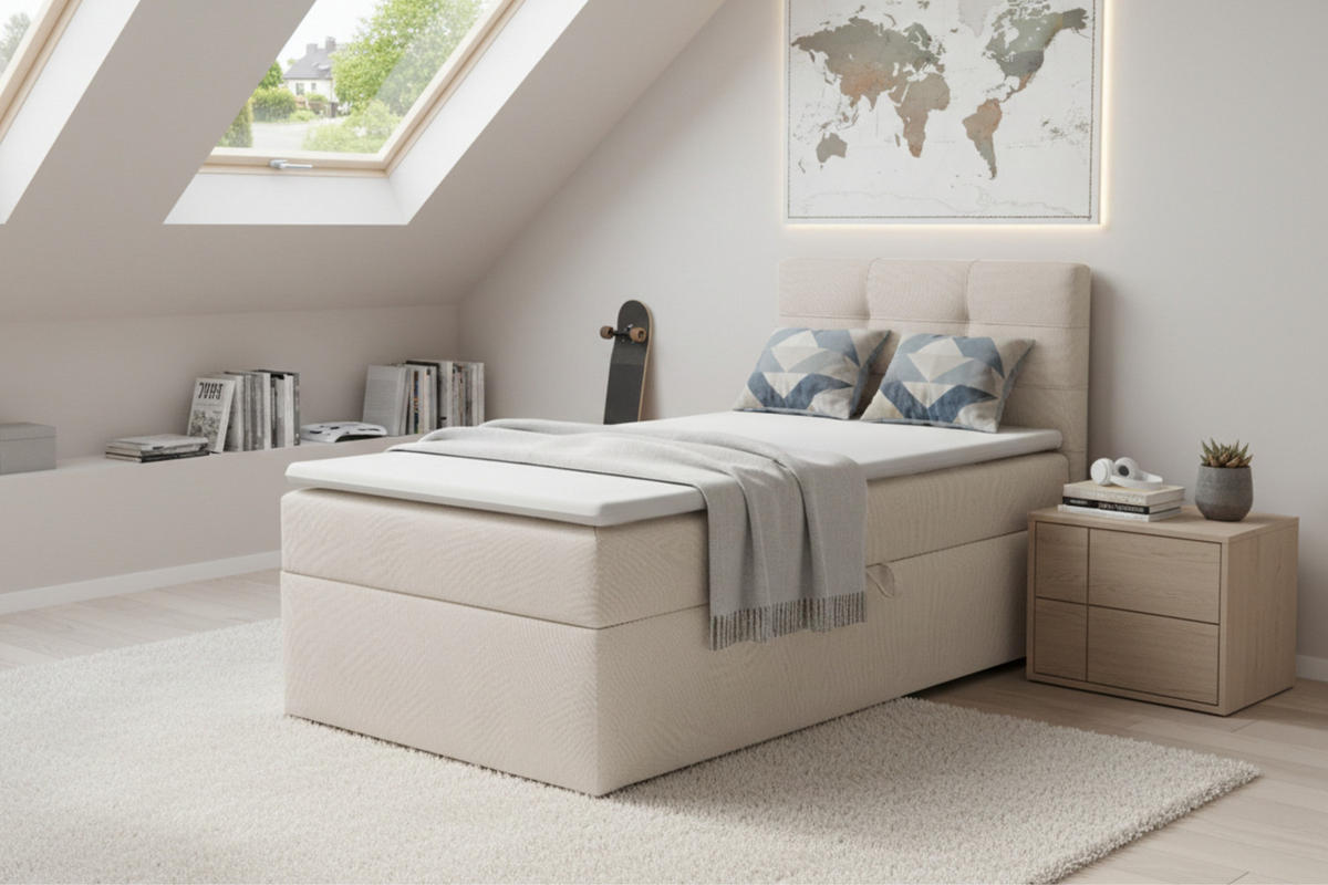 BOXBETT FLO 90/200 in Velours Ecru rechts H4 - Ecru, Holz/Holzwerkstoff (90/200cm) - Deine Möbel 24