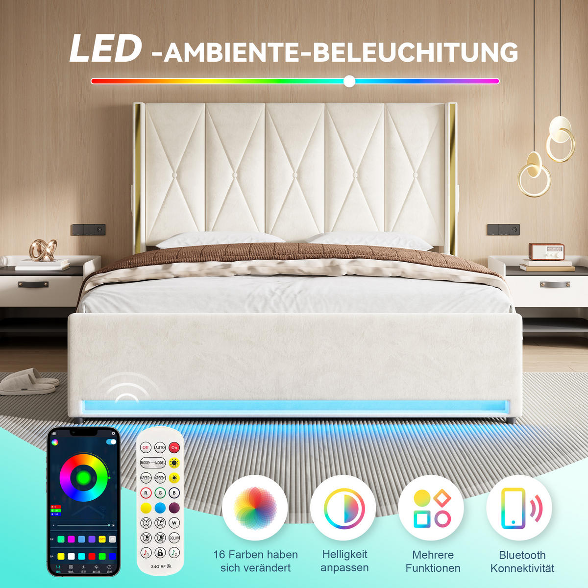 POLSTERBETT 180/200 cm Beige mit LED-Beleuchtung und hydraulische Speicherfunktion - Beige, Textil (180/200cm) - Oxeza