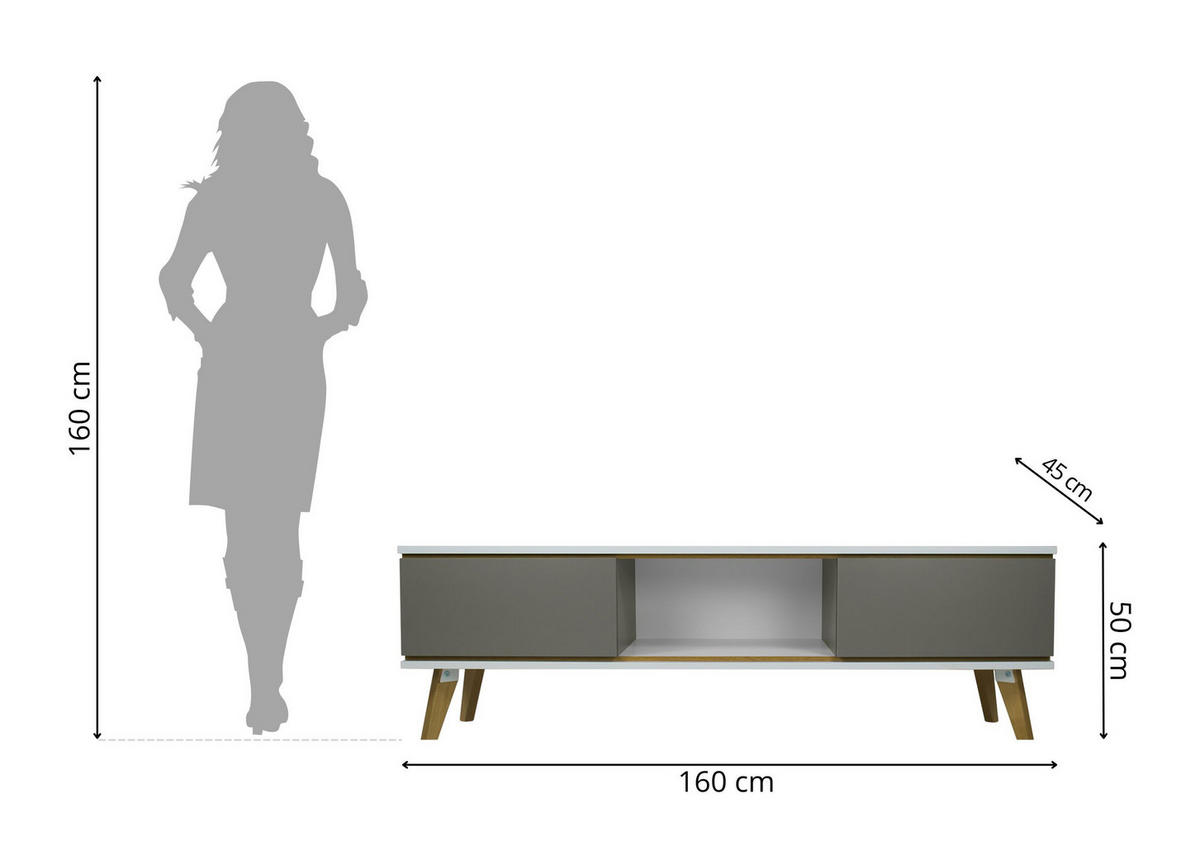 TV-SCHRANK Jorgen, Grau/Weiß/Eichefarben, 160 Cm - Eichefarben/Grau, Eichenholz/Holzwerkstoff (160/45/50cm) - Skandica