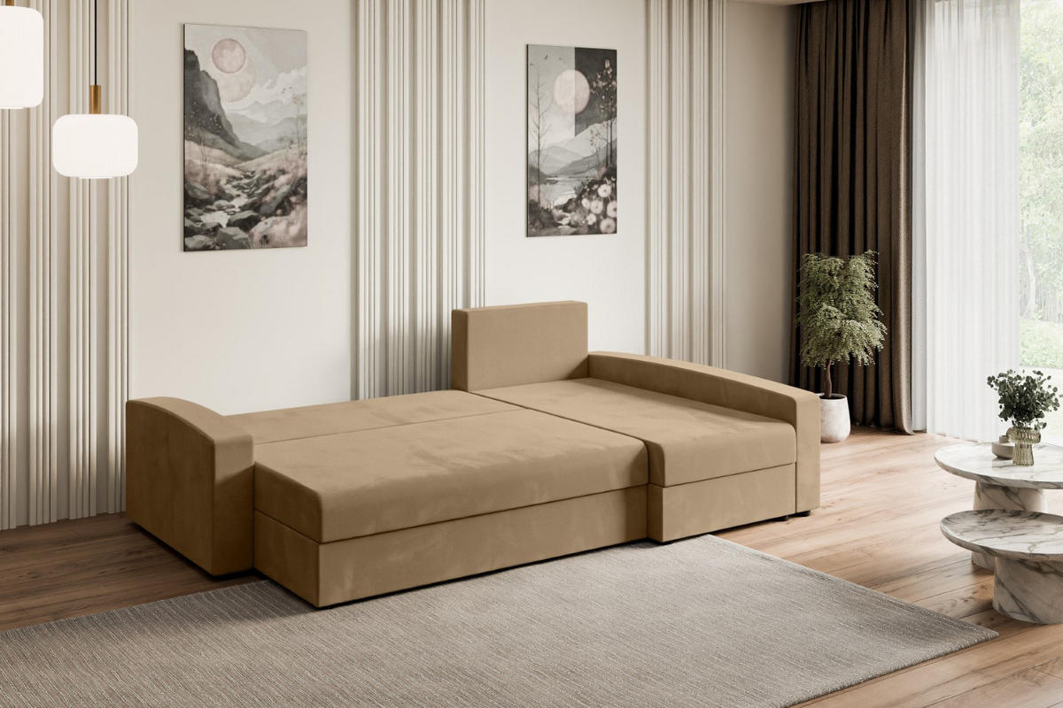 ECKSOFA mit Schlaffunktion und Bettkasten ALESIA-L 231x140x90 cm Beige Velours - Beige/Silberfarben, Holzwerkstoff/Kunststoff (231/140cm) - ALTDECOR