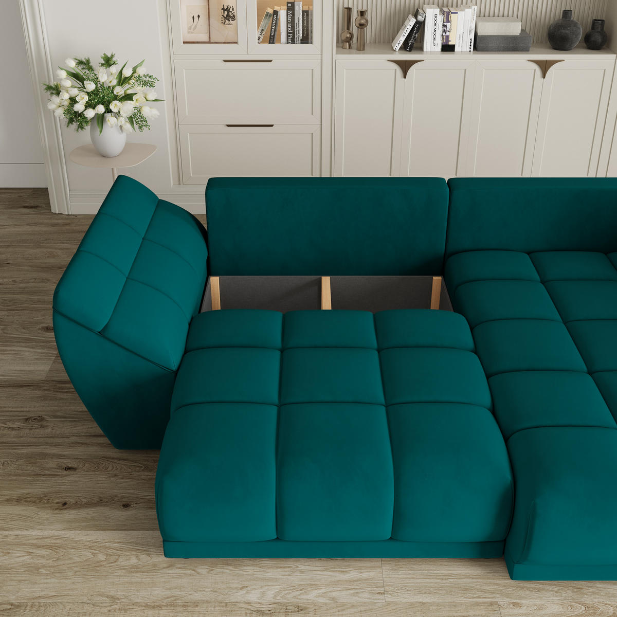 ECKSOFA ORENTI R-S Blau Velours-Stoff mit Schlaffunktion - Türkis, Holz (287/182cm) - MASSENO