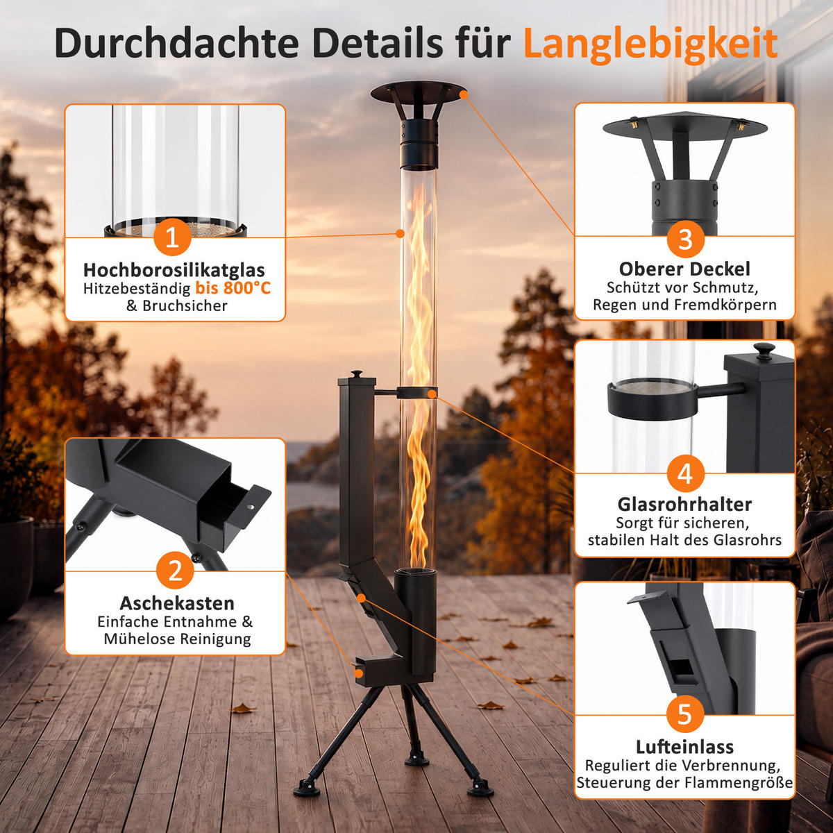 TERRASSENHEIZER Zovmar 44.5/21/167 cm - Schwarz, Glas/Metall (21/167/44.5cm) - ZMH