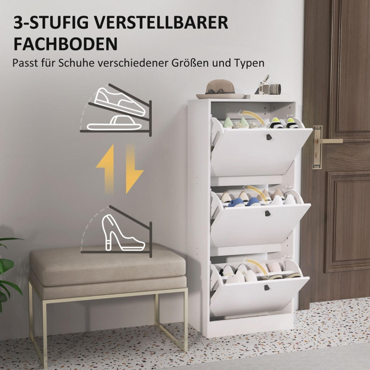 SCHUHSCHRANK mit 3 Klappen 47/28/115 cm, platzsparend in Weiß - Weiß, Holzwerkstoff (47/115/28cm) - BEAOK