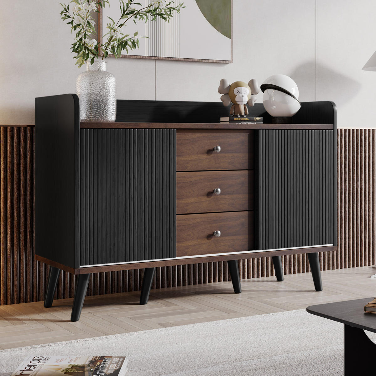 SIDEBOARD 117x39x79 cm Schwarz, 3 Schubladen, 2 Schiebetüren, Holzbeine, Modern - Schwarz, Holz (117/79/39cm) - PARAFTA HOME
