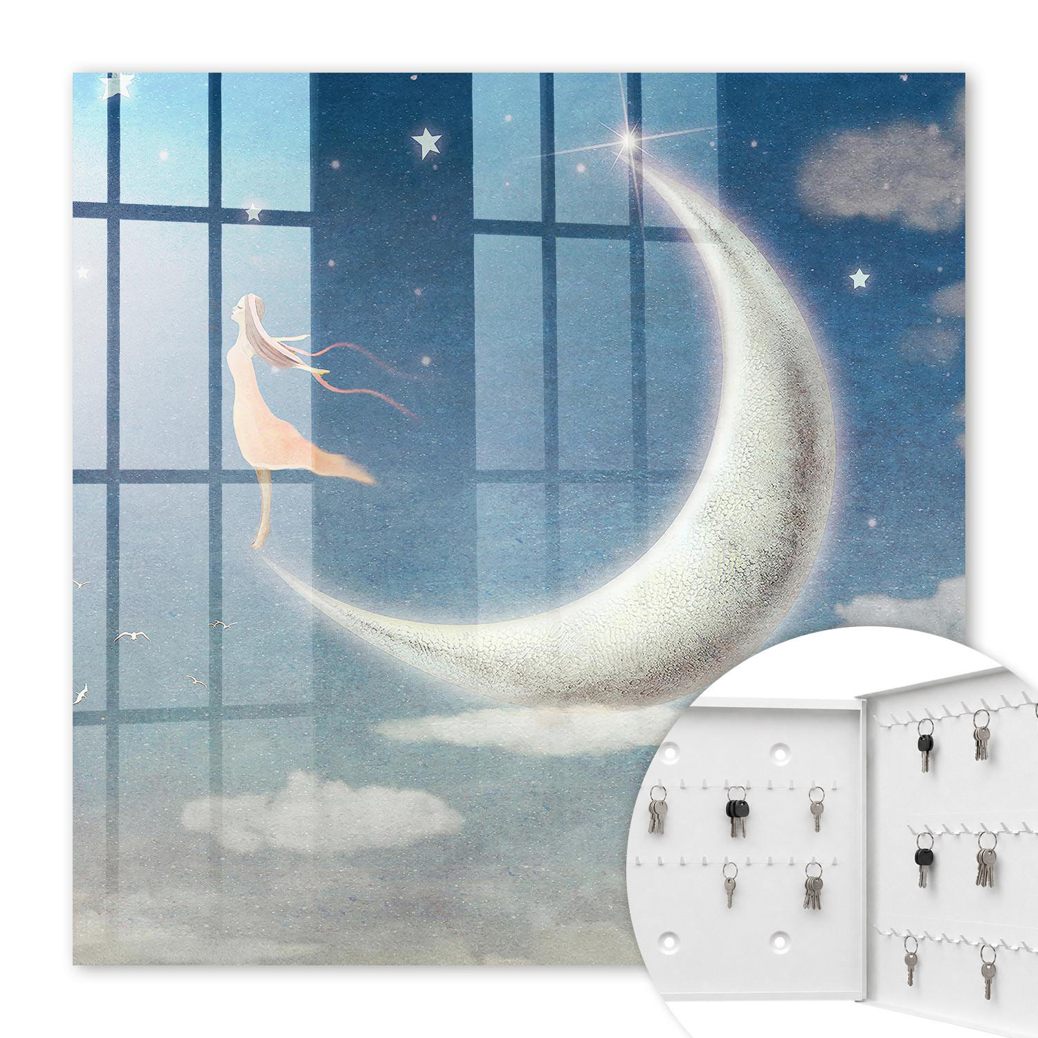 SCHLÜSSELBOX Weiß 30x30 cm – Türöffnung nach rechts - Himmlische Reise - Blau, Metall (30/30/5cm) - TULUP
