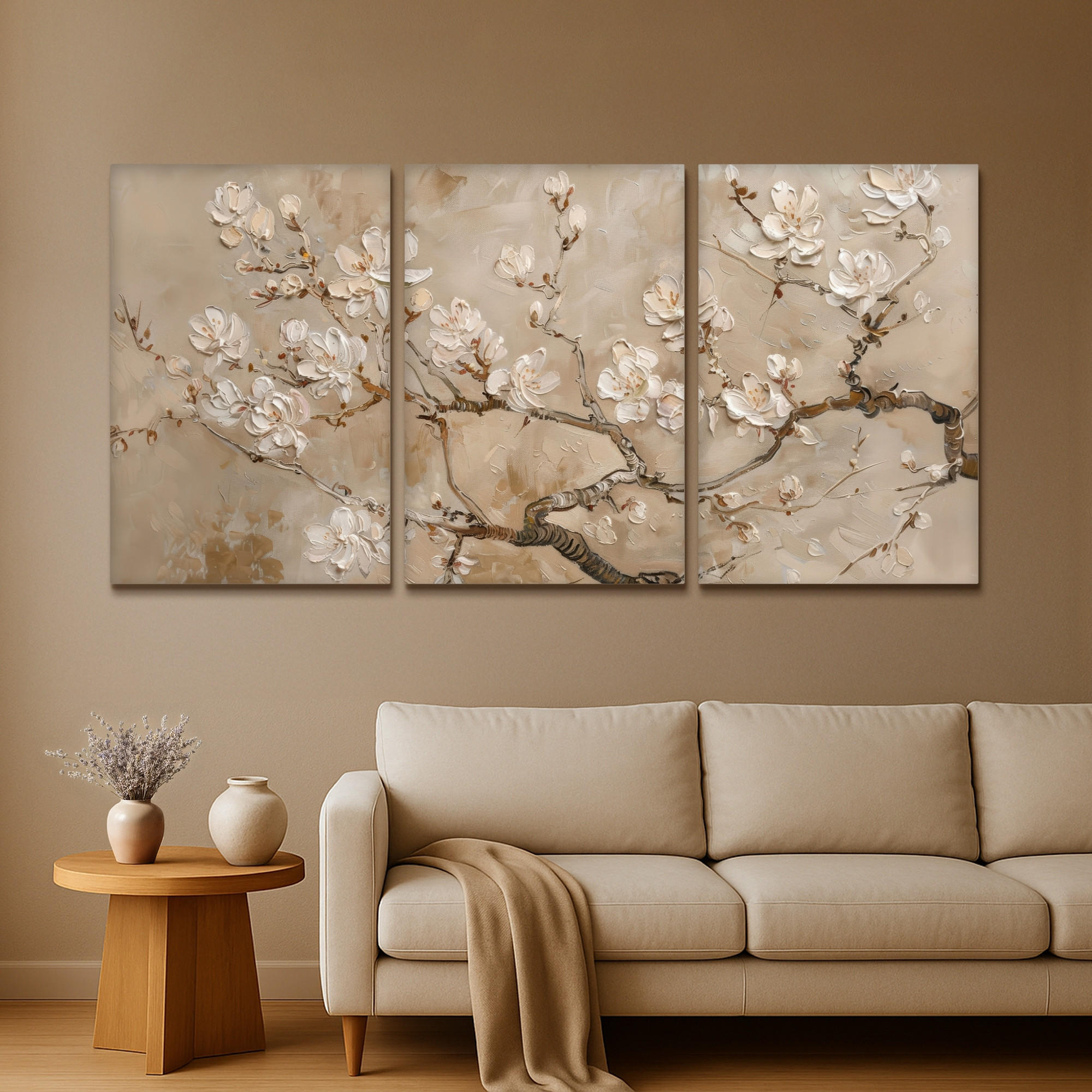 LEINWANDBILD 3er Set Beige - Blüte - Modern 240x120 cm - Greige, Textil (240/120cm) - MuchoWow
