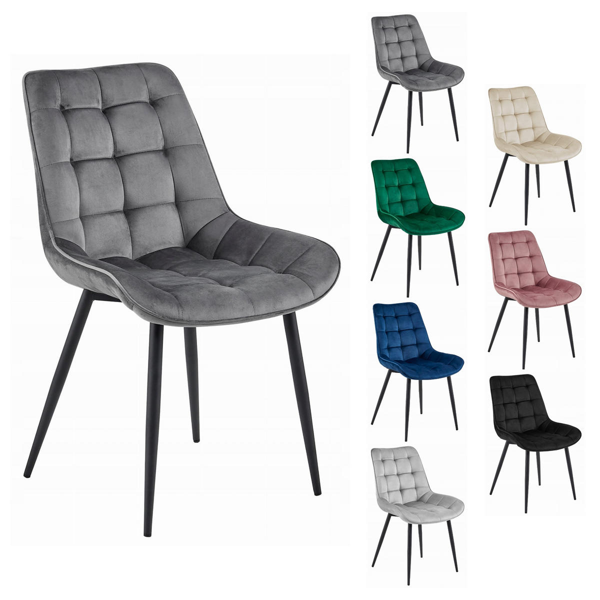 STUHL BARDI 2-er Set, Grau, Schwarz, mit Samtstoff gepolstert - Rosa, Textil/Metall (54/88/60cm) - Komodee