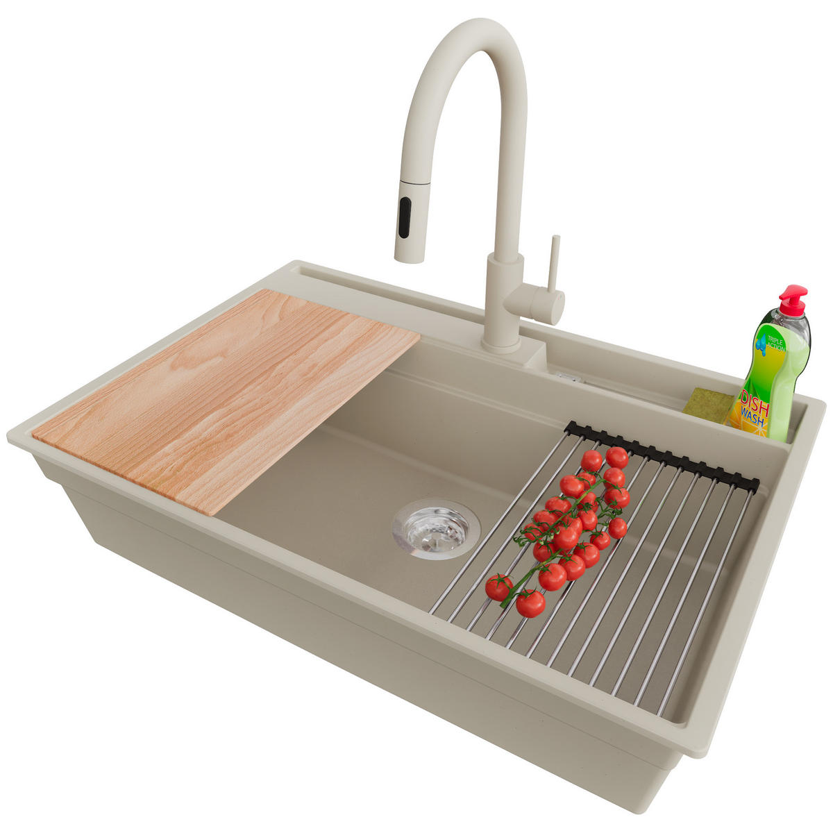 GRANITSPÜLE Oslo Pocket, 2-er set Beige 78/53 cm 1 Becken + Küchenarmatur 40/20 cm + Ablauf-Set + Küchenzubehörset ab 80er Unterschrank - Chromfarben/Beige, Kunststoff (78/20/53cm) - Primagran