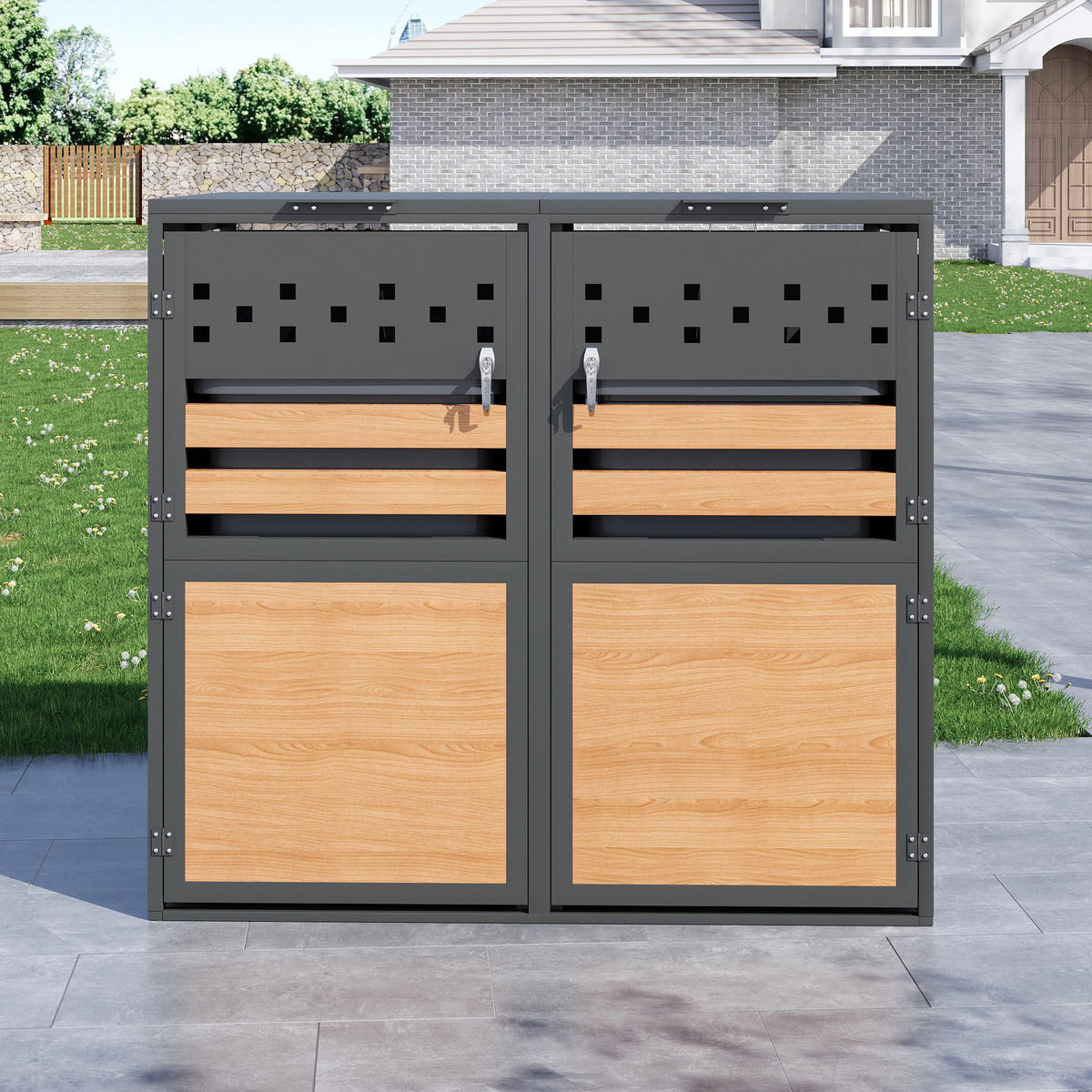 MÜLLTONNENBOX aus Stahl in Grau/Holzoptik mit hydraulischem Klappdeckel 132x80x120 cm - Grau, Metall (132/120/80cm) - Modfu