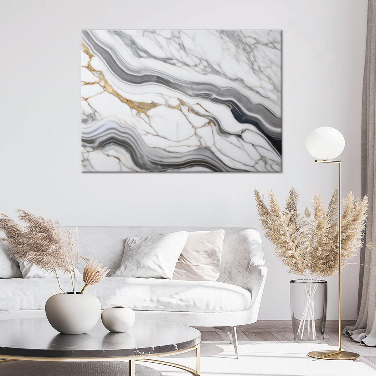 WANDBILD grauer marmor mit goldener abstraktion - Weiß, Textil (90/60cm) - Feeby