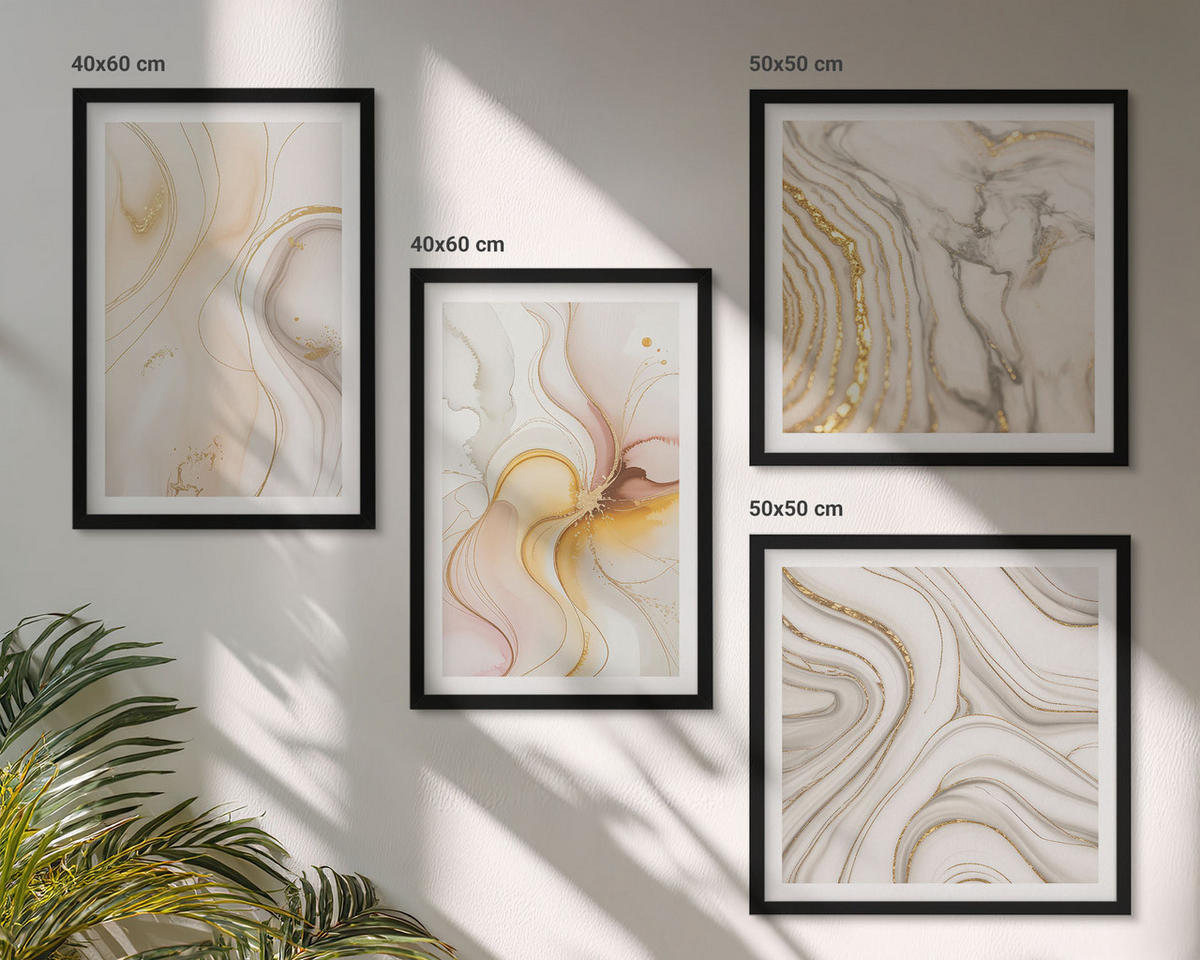 WANDBILDER 4er-Set - 50x50 cm & 40x60 cm Schwarzer Rahmen - Abstrakte warme Muster - Schwarz, Kunststoff (50/50cm) - ArtPrintCave