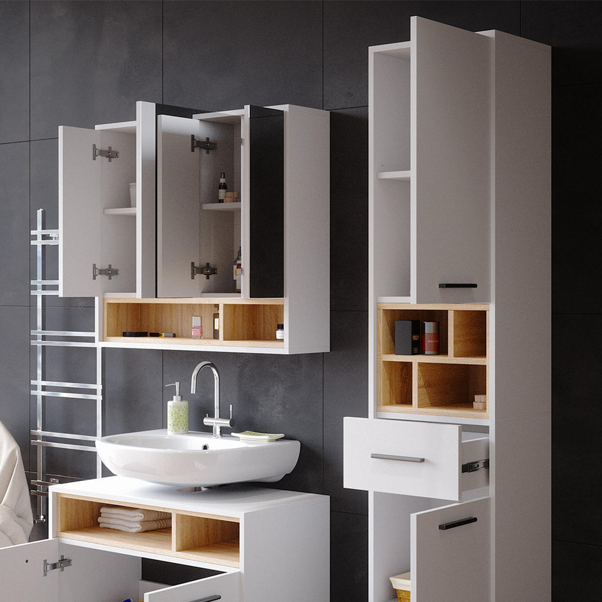 BADSCHRANK Beatrice Weiß 38 x 190 cm - Weiß, Holzwerkstoff (38/190/30cm) - Vicco