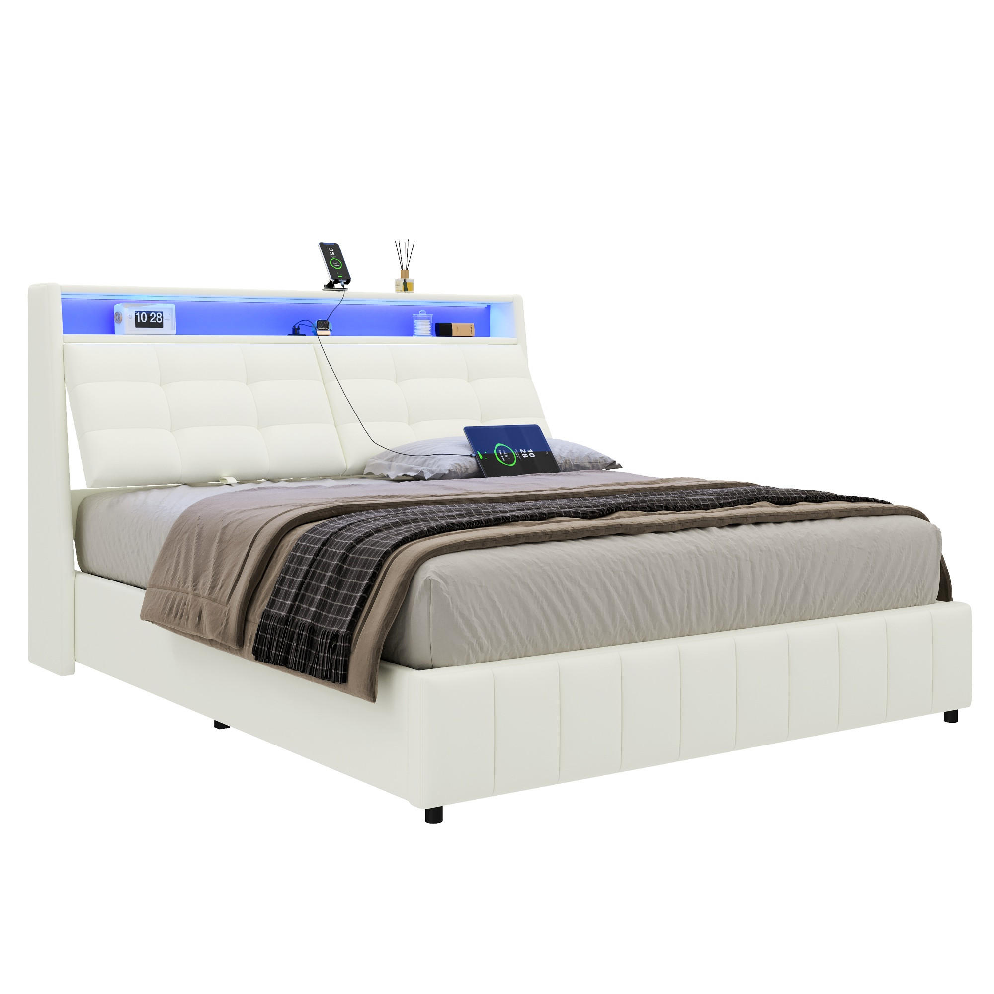 POLSTERBETT 160/200 cm Weiß mit LED-Beleuchtung USB-Anschlüssen und Stauraum - Weiß, Textil (160/200cm) - OKWISH