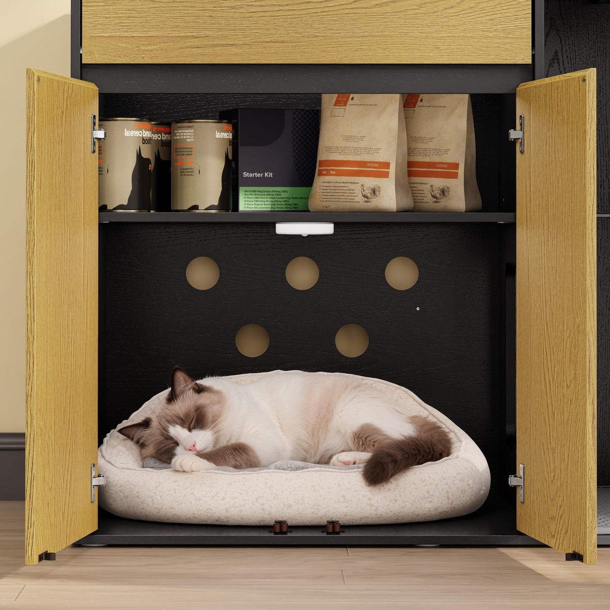 KATZENKLO-SCHRANK mit Aufbewahrung und integrierter Katzentoilette HAT08-E-SCH - Ahornfarben/Schwarz, Kunststoff/Fell (45/75/85cm) - SoBuy