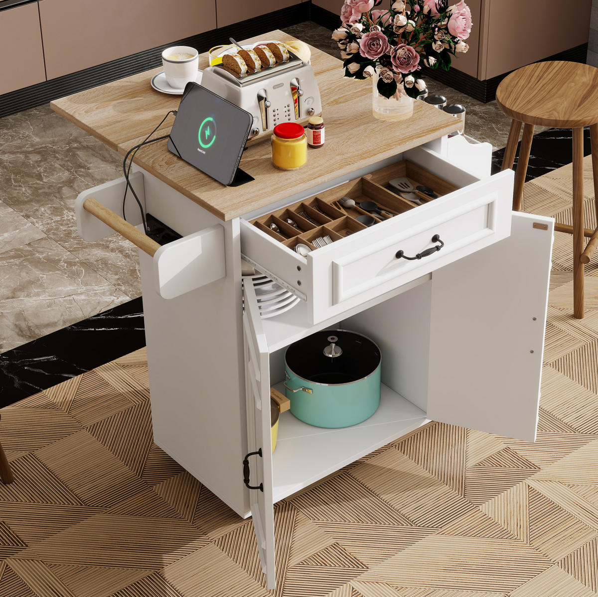 KÜCHENINSEL 66/90/60 cm Weiß aus MDF mit klappbarer Arbeitsplatte - Weiß, Holzwerkstoff (38/86/66cm) - OKMYHOME