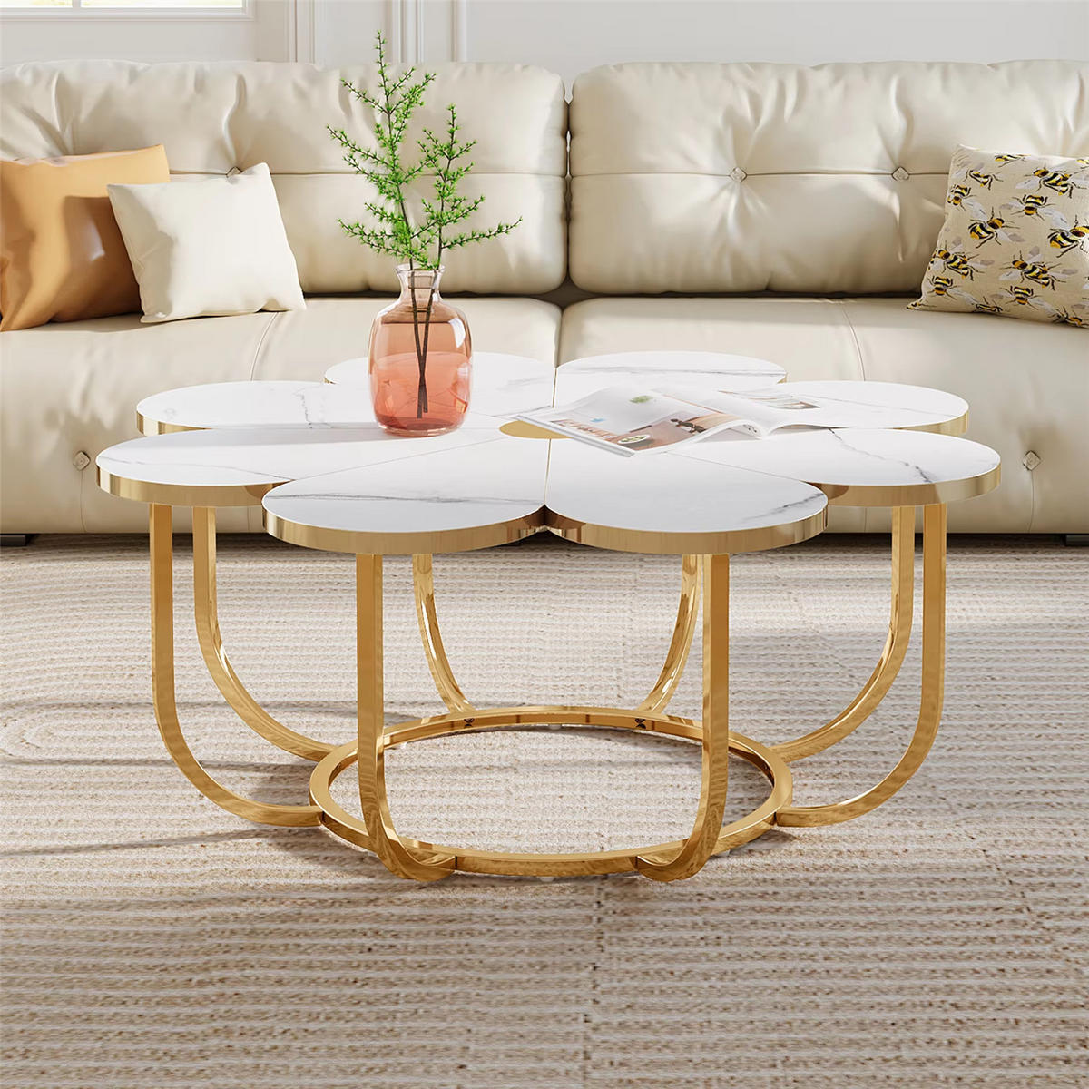 COUCHTISCH Blumenform Weiß Gold Design - Weiß, Metall (100/100/50cm) - Kaket
