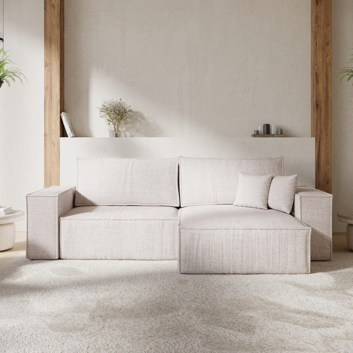 ECKSOFA CAVO mit Schlaffunktion Hellbeige im Neve Stoff - Sandfarben/Schwarz, Holz/Holzwerkstoff (255/148cm) - AltaBeds