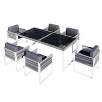 GARTENSET aus Eisen 170x80x75 cm Grau/Weiß mit 6 Stühlen, Glasplatte, verstellbaren Füßen und waschbaren Bezügen - Grau, Metall - Modfu
